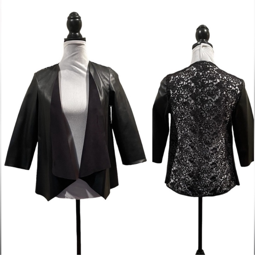 Linea Domani black pleather vegan lace open front blazer jacket size extra small